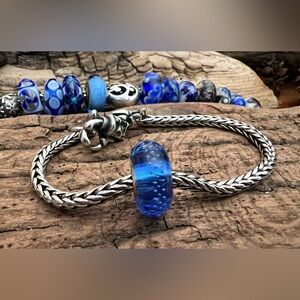 HTF New Authentic Trollbeads Glass Bead- Silver Trace  Blue Cerise 925 Core
